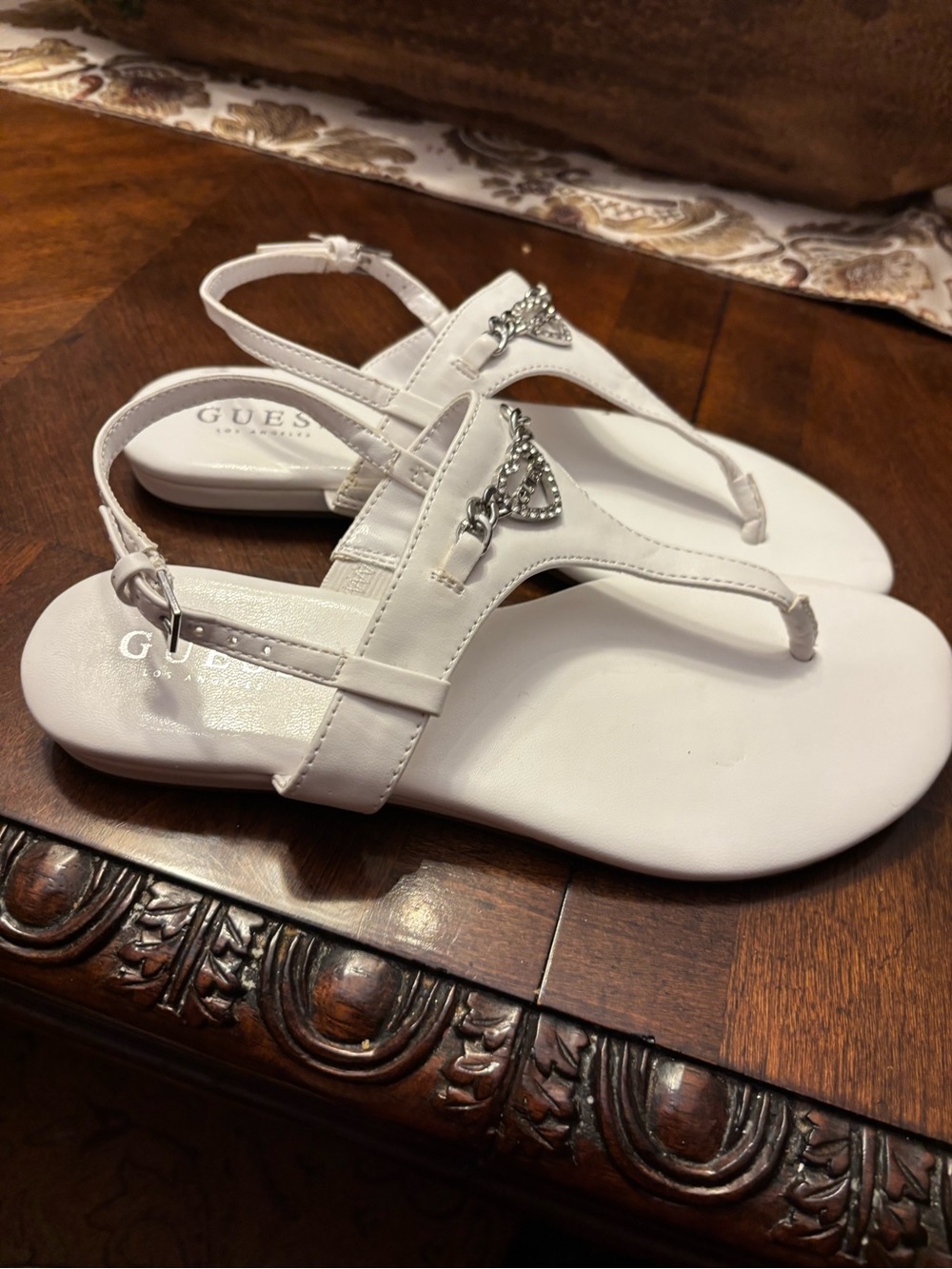 GUESS White Rhinestone Heart T-Strap Sandals - Picture 6 of 10